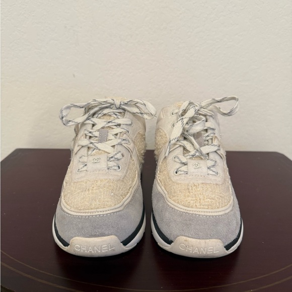 Chanel Beige and Gray Tweed & Suede Sneakers - Picture 1 of 5